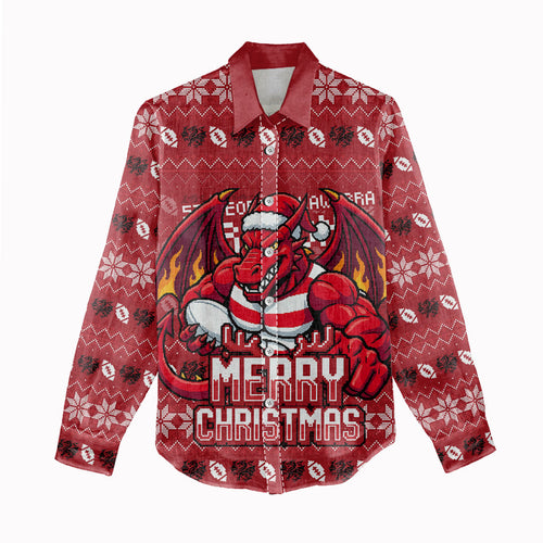 Personalized St George Illawarra Dragons Christmas Women Casual Shirt Australian Rugby Fans - Pixelated Ugly Xmas Pattern Mascot Santa