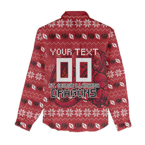 Personalized St George Illawarra Dragons Christmas Women Casual Shirt Australian Rugby Fans - Pixelated Ugly Xmas Pattern Mascot Santa