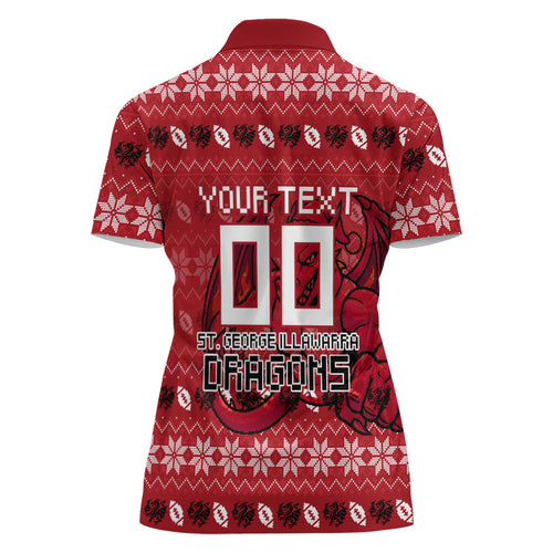 Personalized St George Illawarra Dragons Christmas Women Polo Shirt Australian Rugby Fans - Pixelated Ugly Xmas Pattern Mascot Santa