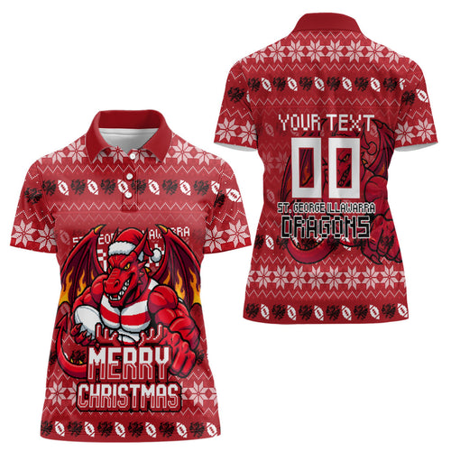 Personalized St George Illawarra Dragons Christmas Women Polo Shirt Australian Rugby Fans - Pixelated Ugly Xmas Pattern Mascot Santa