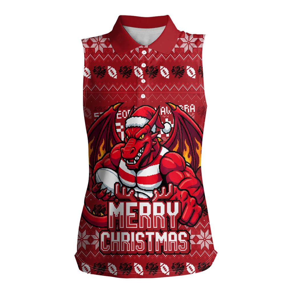 Personalized St George Illawarra Dragons Christmas Women Sleeveless Polo Shirt Australian Rugby Fans - Pixelated Ugly Xmas Pattern Mascot Santa