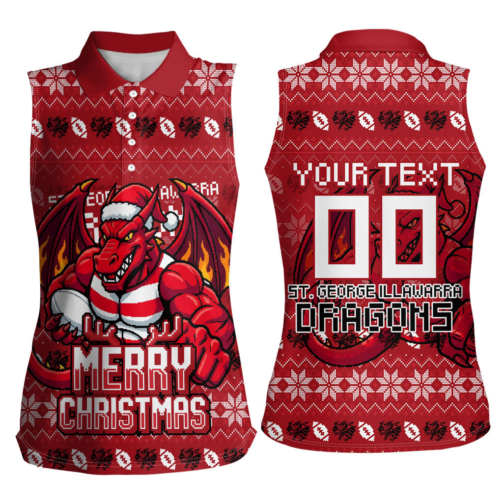 Personalized St George Illawarra Dragons Christmas Women Sleeveless Polo Shirt Australian Rugby Fans - Pixelated Ugly Xmas Pattern Mascot Santa