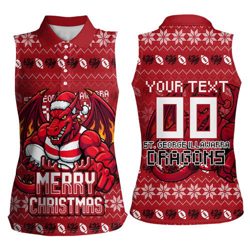 Personalized St George Illawarra Dragons Christmas Women Sleeveless Polo Shirt Australian Rugby Fans - Pixelated Ugly Xmas Pattern Mascot Santa