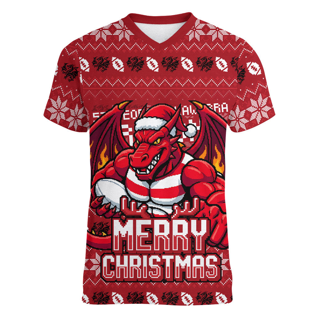 Personalized St George Illawarra Dragons Christmas Women V-Neck T-Shirt Australian Rugby Fans - Pixelated Ugly Xmas Pattern Mascot Santa