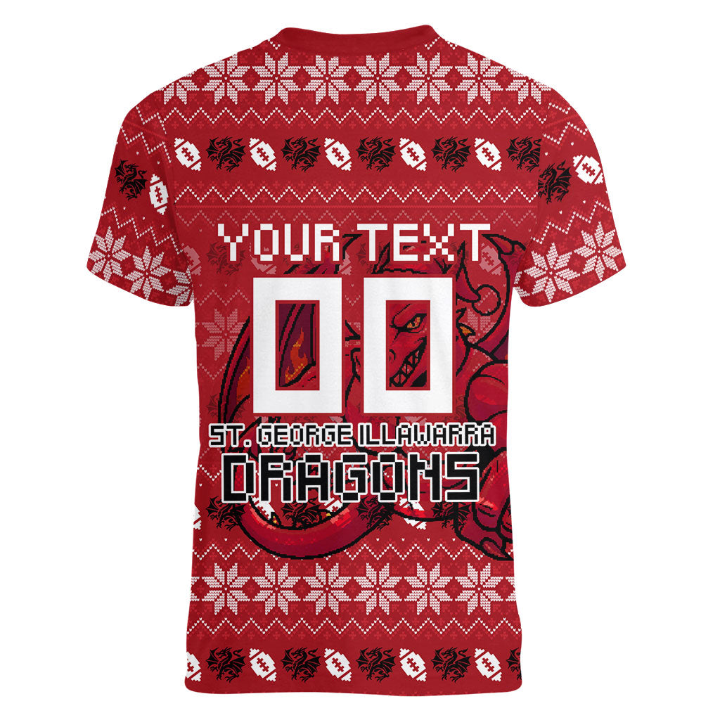 Personalized St George Illawarra Dragons Christmas Women V-Neck T-Shirt Australian Rugby Fans - Pixelated Ugly Xmas Pattern Mascot Santa