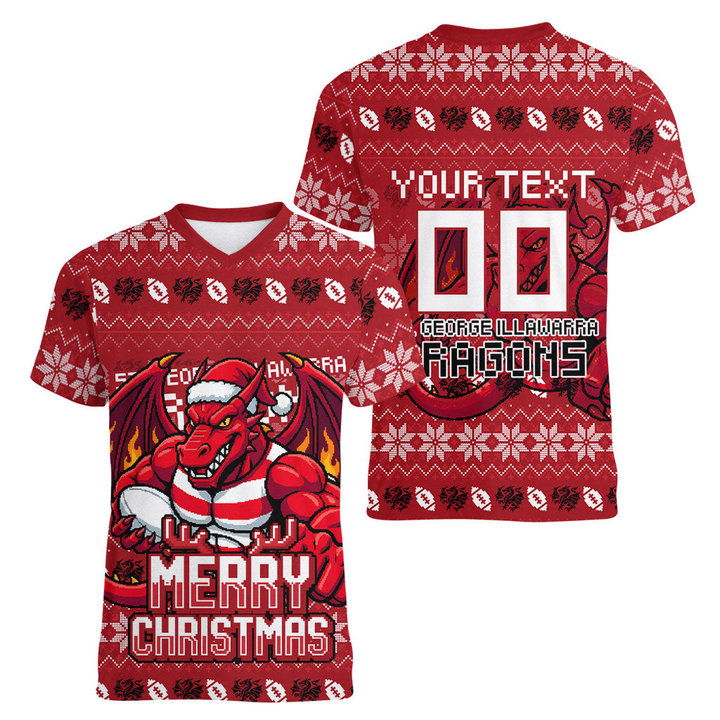 Personalized St George Illawarra Dragons Christmas Women V-Neck T-Shirt Australian Rugby Fans - Pixelated Ugly Xmas Pattern Mascot Santa