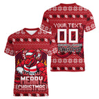 Personalized St George Illawarra Dragons Christmas Women V-Neck T-Shirt Australian Rugby Fans - Pixelated Ugly Xmas Pattern Mascot Santa