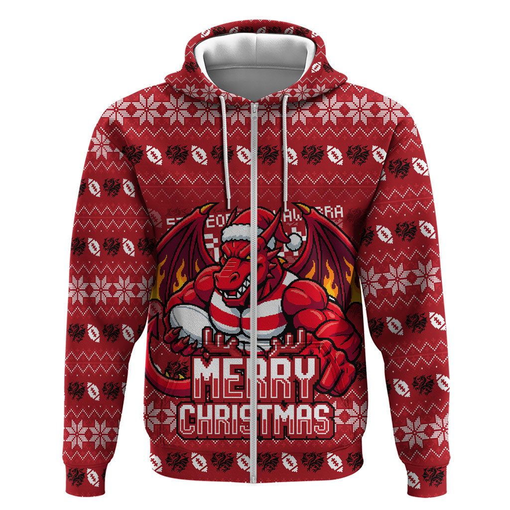 Personalized St George Illawarra Dragons Christmas Zip Hoodie Australian Rugby Fans - Pixelated Ugly Xmas Pattern Mascot Santa