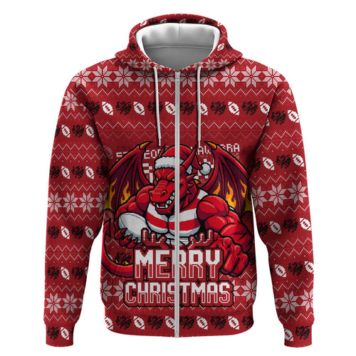Personalized St George Illawarra Dragons Christmas Zip Hoodie Australian Rugby Fans - Pixelated Ugly Xmas Pattern Mascot Santa