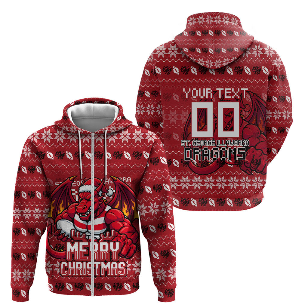 Personalized St George Illawarra Dragons Christmas Zip Hoodie Australian Rugby Fans - Pixelated Ugly Xmas Pattern Mascot Santa