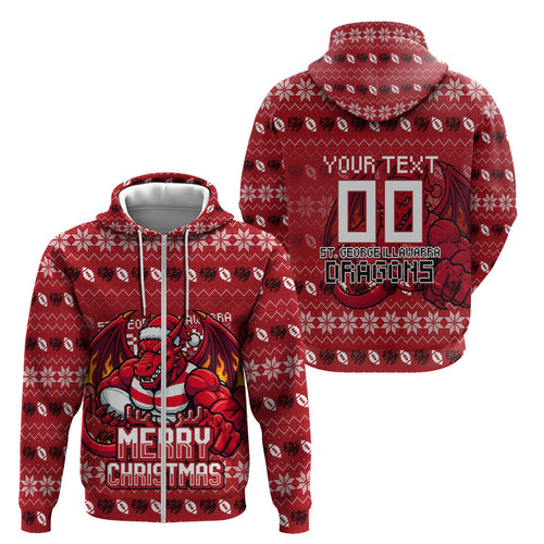 Personalized St George Illawarra Dragons Christmas Zip Hoodie Australian Rugby Fans - Pixelated Ugly Xmas Pattern Mascot Santa