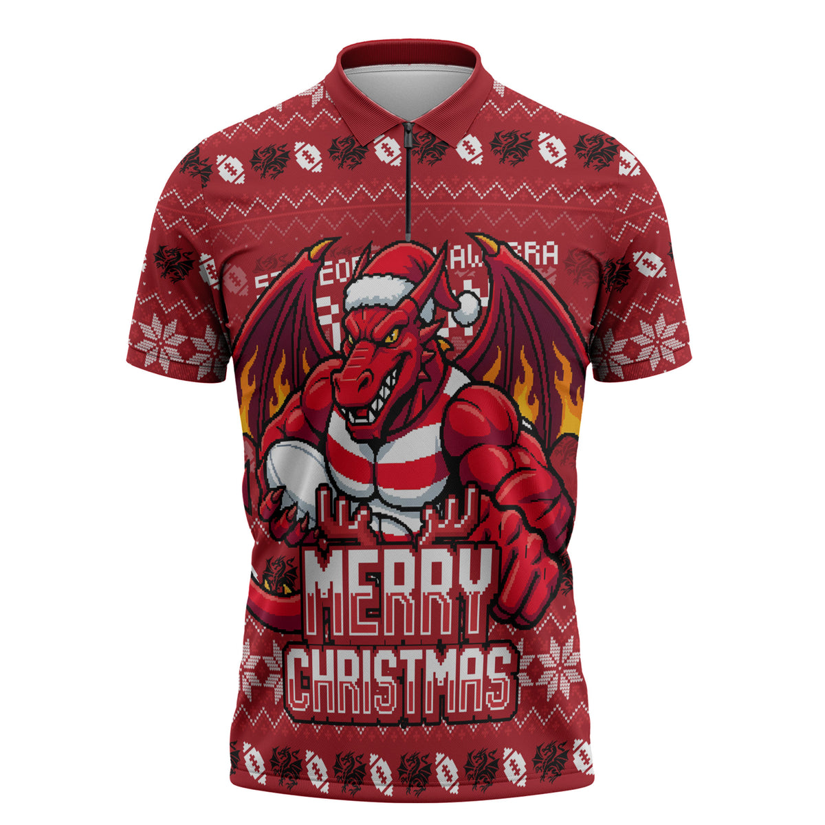 Personalized St George Illawarra Dragons Christmas Zipper Polo Shirt Australian Rugby Fans - Pixelated Ugly Xmas Pattern Mascot Santa