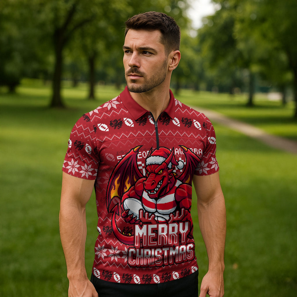Personalized St George Illawarra Dragons Christmas Zipper Polo Shirt Australian Rugby Fans - Pixelated Ugly Xmas Pattern Mascot Santa