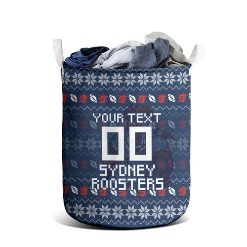 Personalized Sydney Roosters Christmas Laundry Basket Australian Rugby Fans - Pixelated Ugly Xmas Pattern Mascot Santa