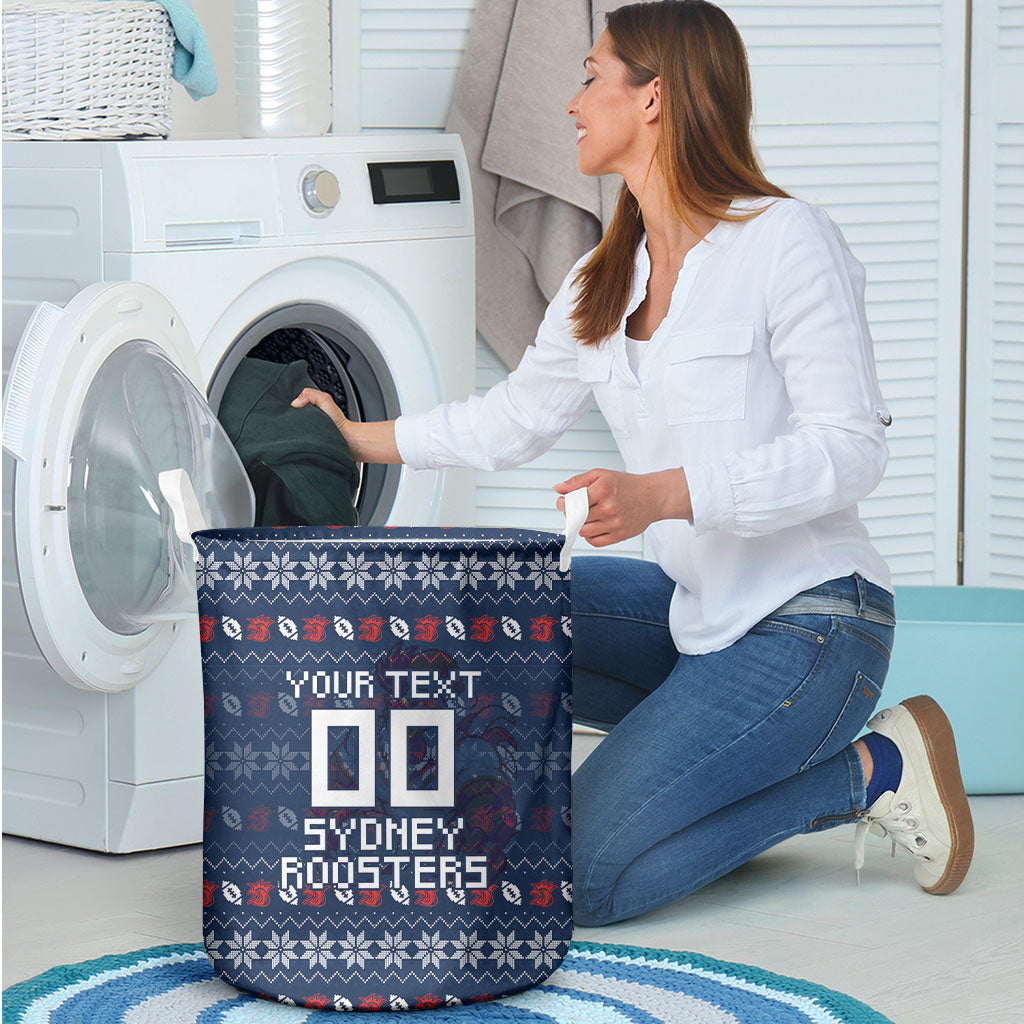 Personalized Sydney Roosters Christmas Laundry Basket Australian Rugby Fans - Pixelated Ugly Xmas Pattern Mascot Santa