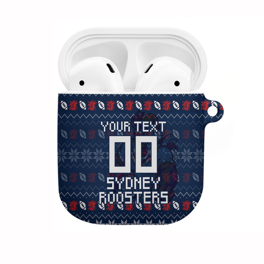 Personalized Sydney Roosters Christmas AirPods Case Australian Rugby Fans - Pixelated Ugly Xmas Pattern Mascot Santa