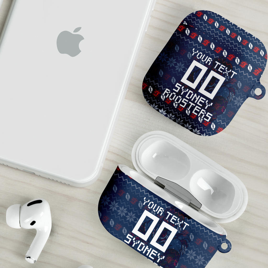 Personalized Sydney Roosters Christmas AirPods Case Australian Rugby Fans - Pixelated Ugly Xmas Pattern Mascot Santa