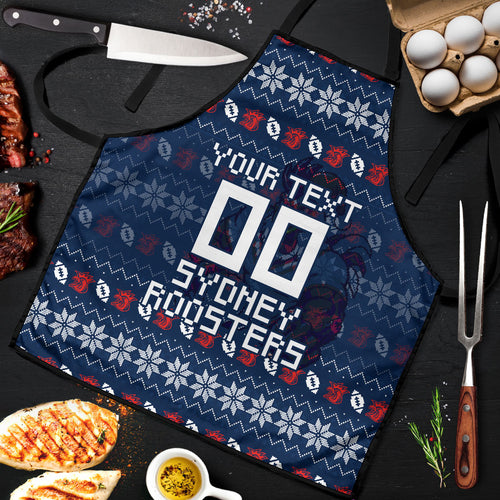 Personalized Sydney Roosters Christmas Apron Australian Rugby Fans - Pixelated Ugly Xmas Pattern Mascot Santa