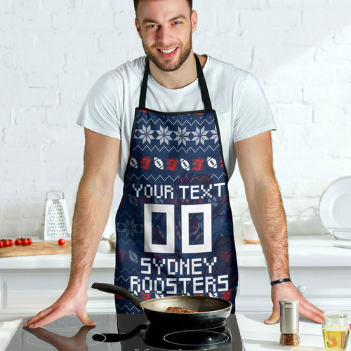 Personalized Sydney Roosters Christmas Apron Australian Rugby Fans - Pixelated Ugly Xmas Pattern Mascot Santa