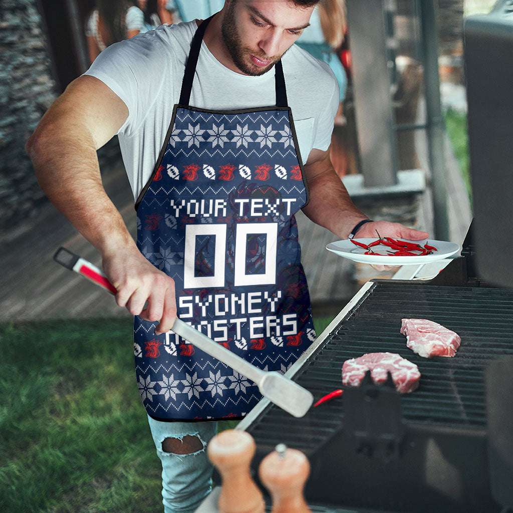 Personalized Sydney Roosters Christmas Apron Australian Rugby Fans - Pixelated Ugly Xmas Pattern Mascot Santa