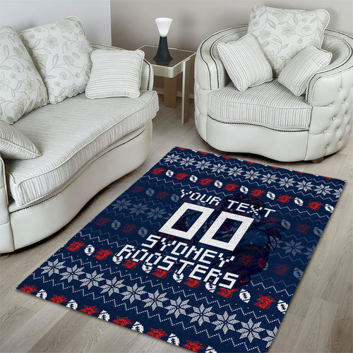 Personalized Sydney Roosters Christmas Area Rug Australian Rugby Fans - Pixelated Ugly Xmas Pattern Mascot Santa