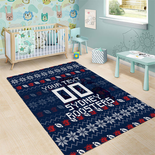 Personalized Sydney Roosters Christmas Area Rug Australian Rugby Fans - Pixelated Ugly Xmas Pattern Mascot Santa