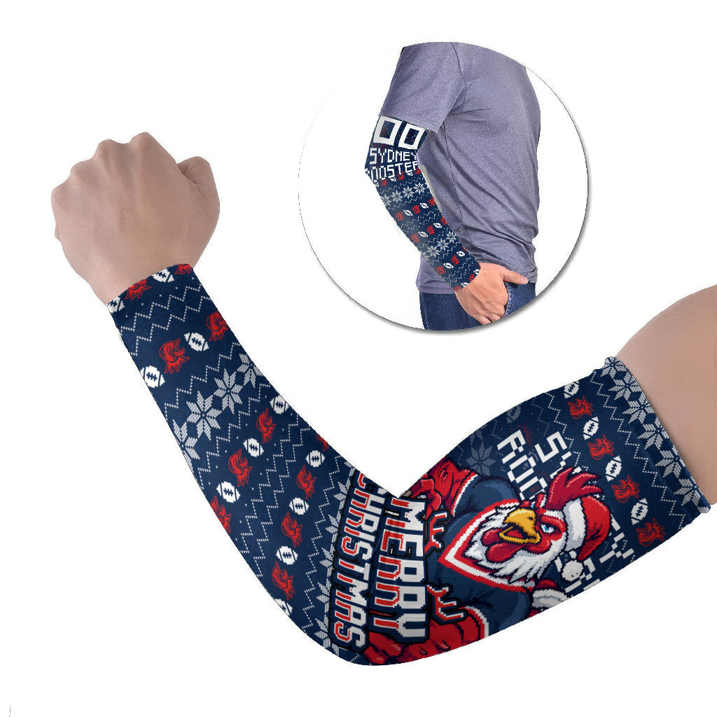 Personalized Sydney Roosters Christmas Arm Sleeves Australian Rugby Fans - Pixelated Ugly Xmas Pattern Mascot Santa