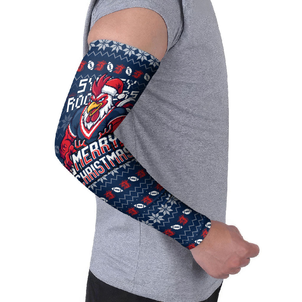 Personalized Sydney Roosters Christmas Arm Sleeves Australian Rugby Fans - Pixelated Ugly Xmas Pattern Mascot Santa