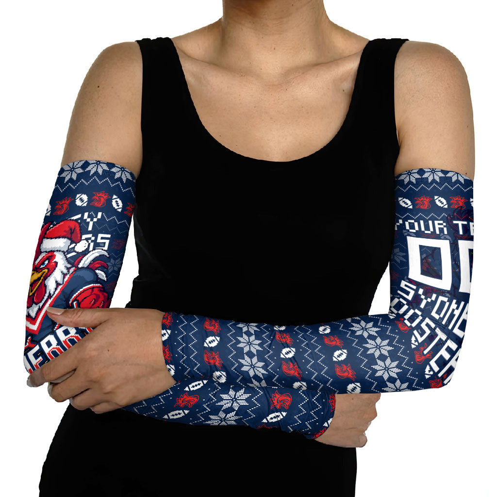 Personalized Sydney Roosters Christmas Arm Sleeves Australian Rugby Fans - Pixelated Ugly Xmas Pattern Mascot Santa