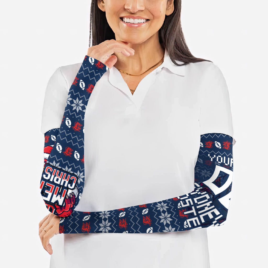 Personalized Sydney Roosters Christmas Arm Sleeves Australian Rugby Fans - Pixelated Ugly Xmas Pattern Mascot Santa