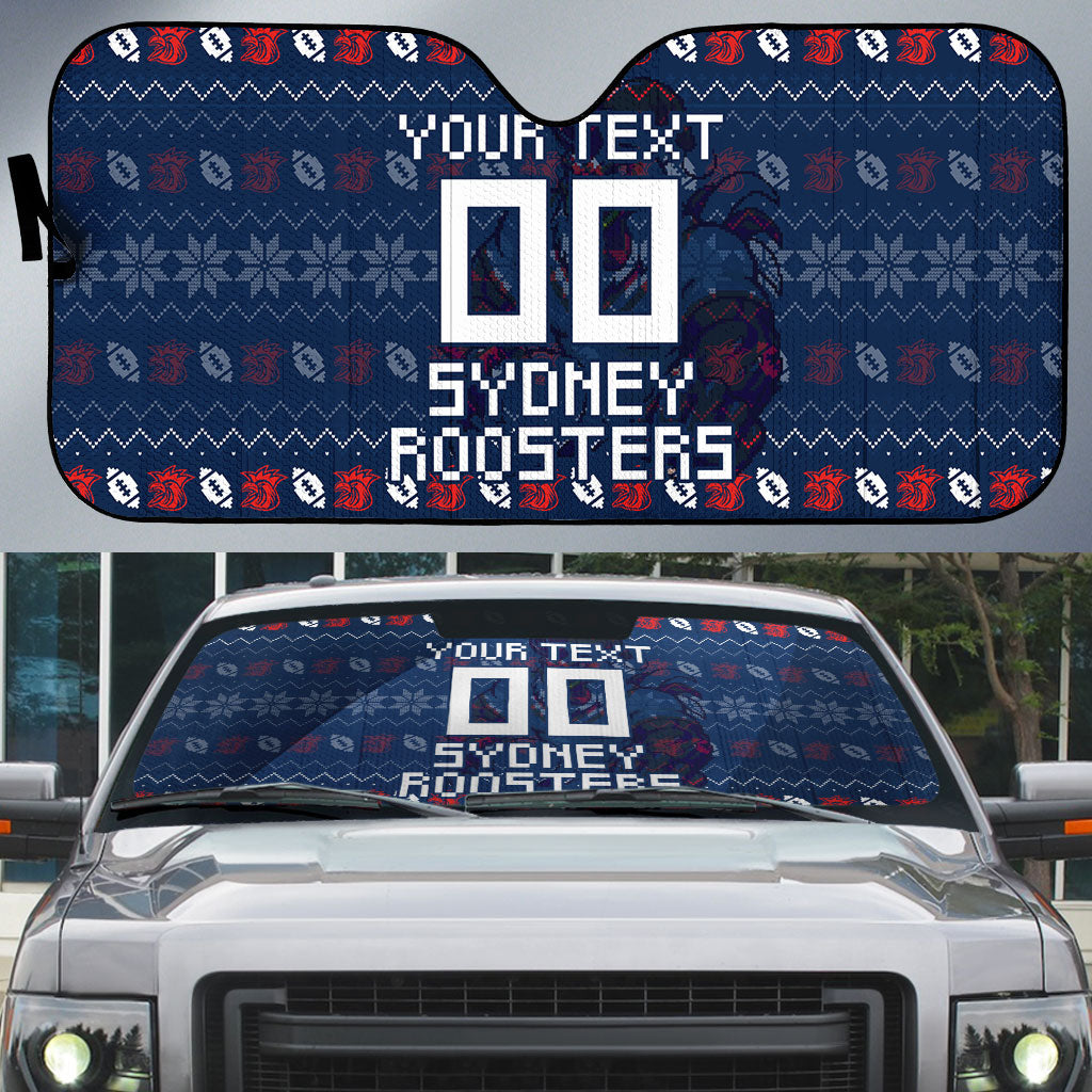 Personalized Sydney Roosters Christmas Auto Sun Shade Australian Rugby Fans - Pixelated Ugly Xmas Pattern Mascot Santa