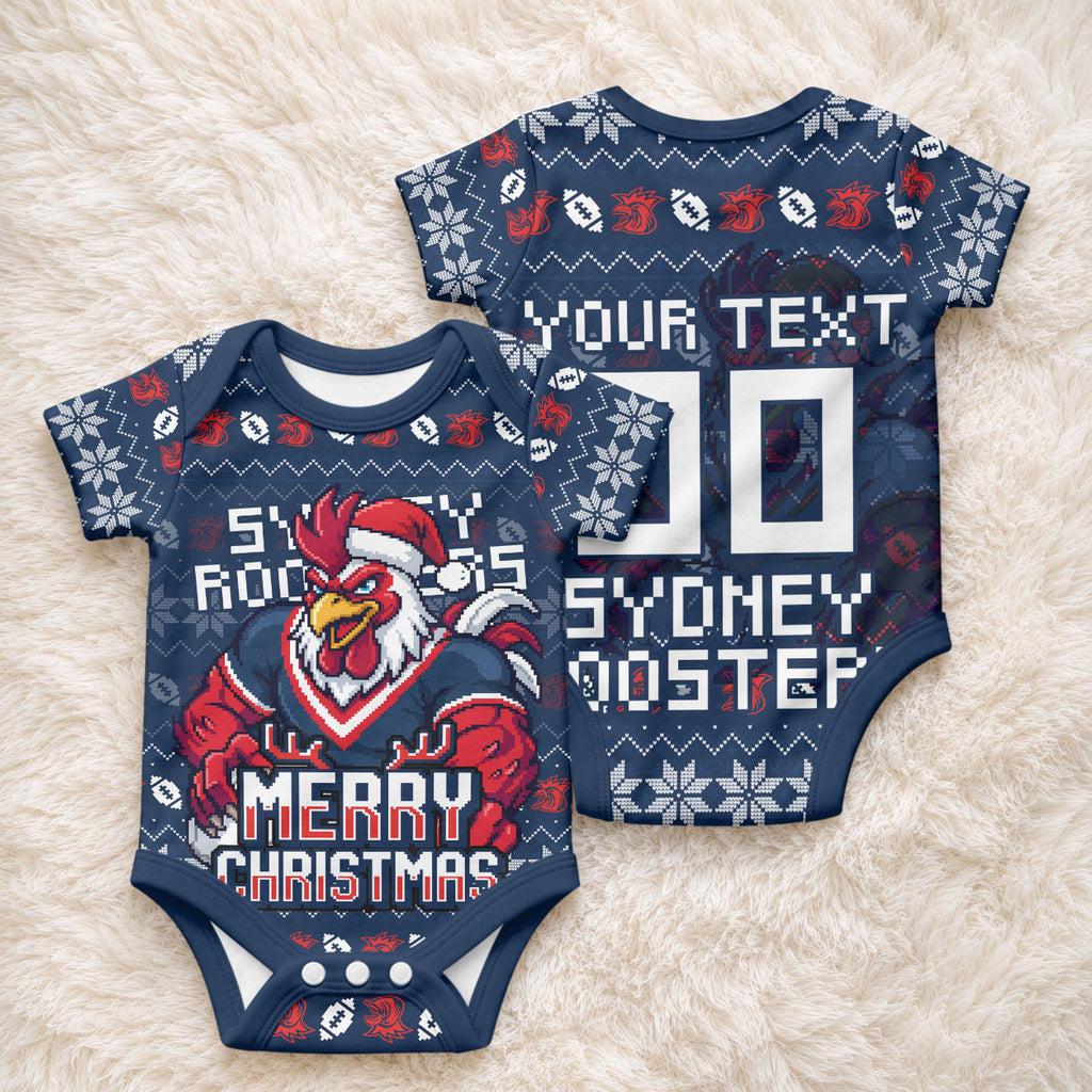 Personalized Sydney Roosters Christmas Baby Onesie Australian Rugby Fans - Pixelated Ugly Xmas Pattern Mascot Santa