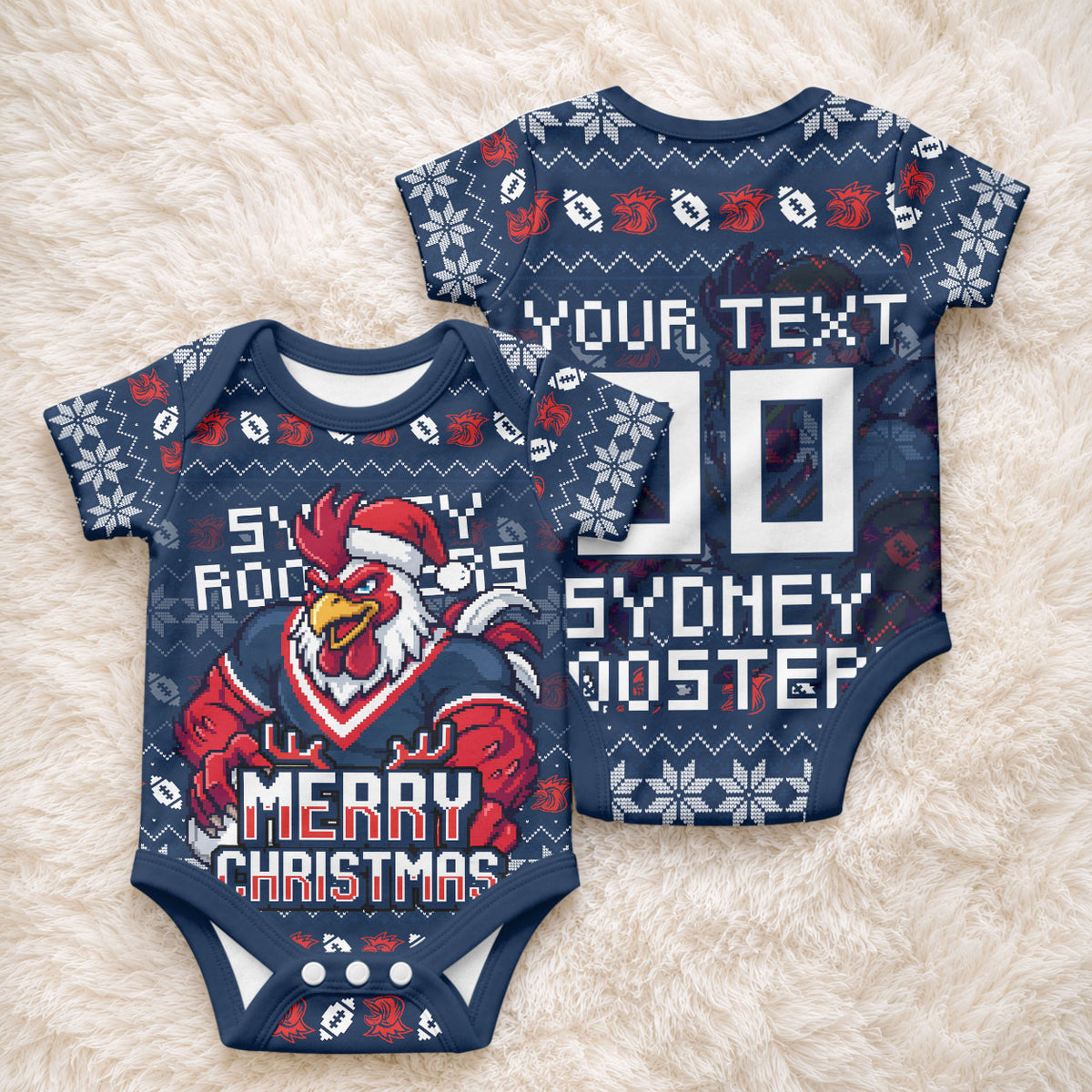 Personalized Sydney Roosters Christmas Baby Onesie Australian Rugby Fans - Pixelated Ugly Xmas Pattern Mascot Santa