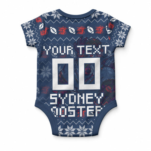 Personalized Sydney Roosters Christmas Baby Onesie Australian Rugby Fans - Pixelated Ugly Xmas Pattern Mascot Santa