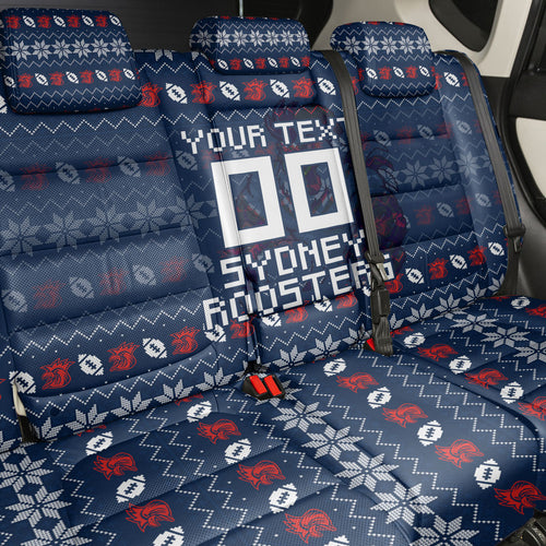 Personalized Sydney Roosters Christmas Back Car Seat Cover Australian Rugby Fans - Pixelated Ugly Xmas Pattern Mascot Santa
