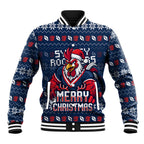 Personalized Sydney Roosters Christmas Baseball Jacket Australian Rugby Fans - Pixelated Ugly Xmas Pattern Mascot Santa