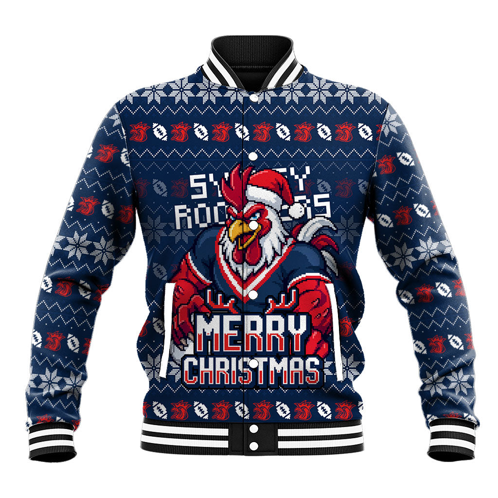 Personalized Sydney Roosters Christmas Baseball Jacket Australian Rugby Fans - Pixelated Ugly Xmas Pattern Mascot Santa