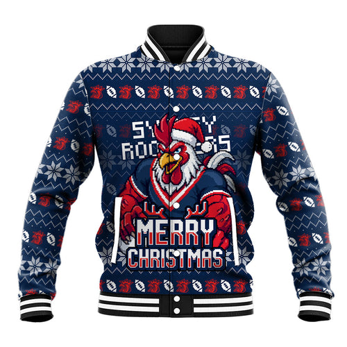 Personalized Sydney Roosters Christmas Baseball Jacket Australian Rugby Fans - Pixelated Ugly Xmas Pattern Mascot Santa