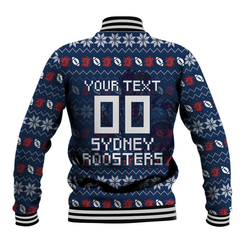 Personalized Sydney Roosters Christmas Baseball Jacket Australian Rugby Fans - Pixelated Ugly Xmas Pattern Mascot Santa