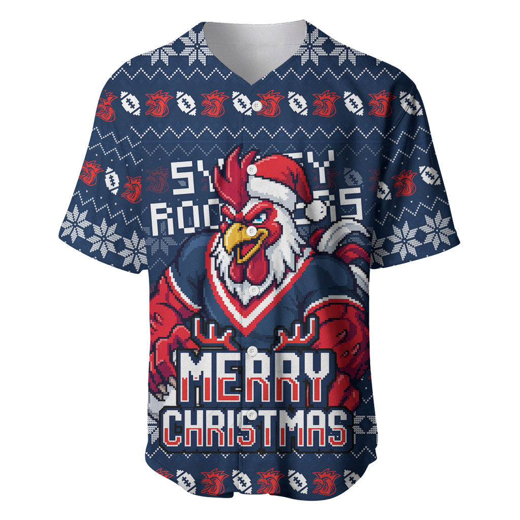 Personalized Sydney Roosters Christmas Baseball Jersey Australian Rugby Fans - Pixelated Ugly Xmas Pattern Mascot Santa