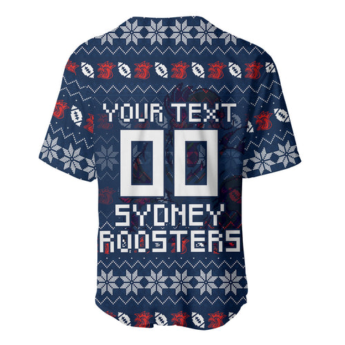 Personalized Sydney Roosters Christmas Baseball Jersey Australian Rugby Fans - Pixelated Ugly Xmas Pattern Mascot Santa