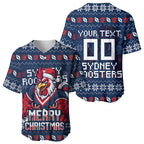 Personalized Sydney Roosters Christmas Baseball Jersey Australian Rugby Fans - Pixelated Ugly Xmas Pattern Mascot Santa