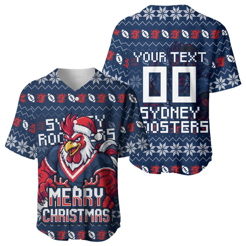 Personalized Sydney Roosters Christmas Baseball Jersey Australian Rugby Fans - Pixelated Ugly Xmas Pattern Mascot Santa