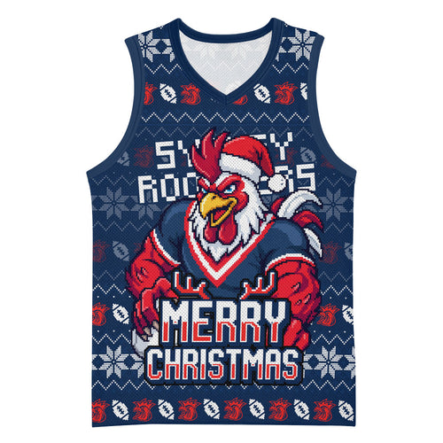 Personalized Sydney Roosters Christmas Basketball Jersey Australian Rugby Fans - Pixelated Ugly Xmas Pattern Mascot Santa