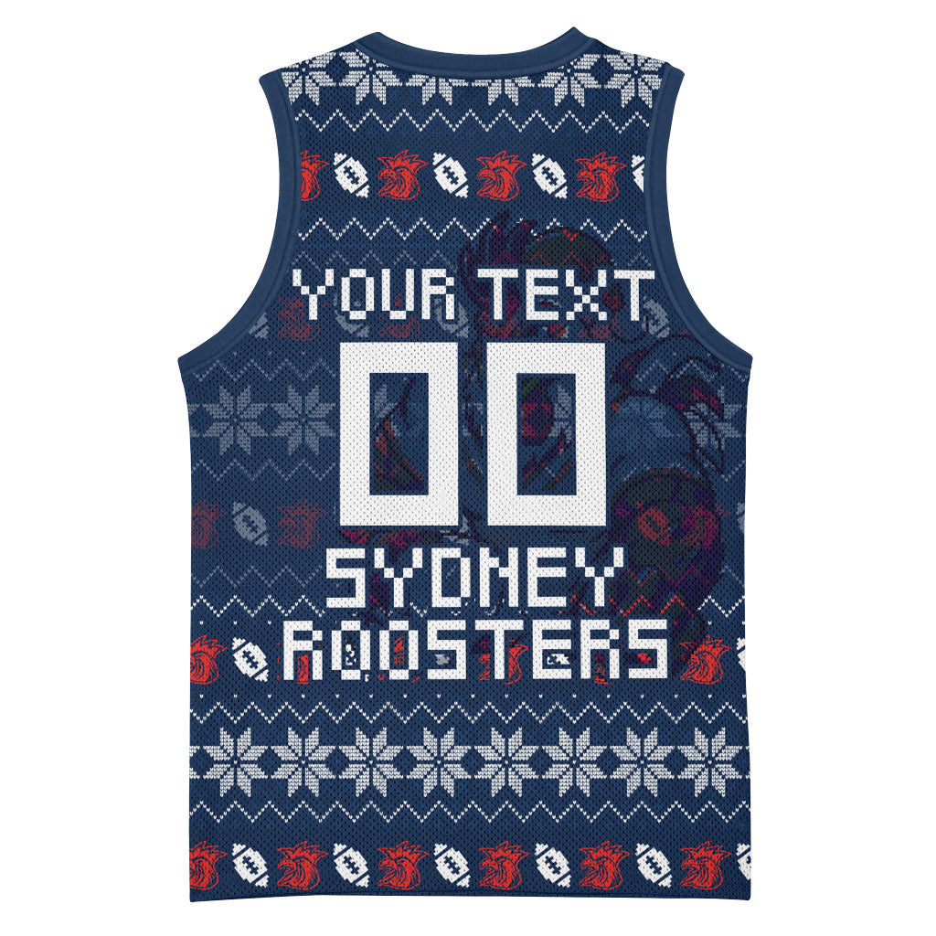 Personalized Sydney Roosters Christmas Basketball Jersey Australian Rugby Fans - Pixelated Ugly Xmas Pattern Mascot Santa