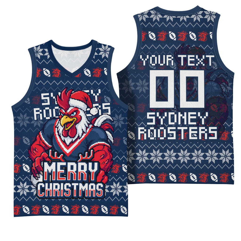 Personalized Sydney Roosters Christmas Basketball Jersey Australian Rugby Fans - Pixelated Ugly Xmas Pattern Mascot Santa