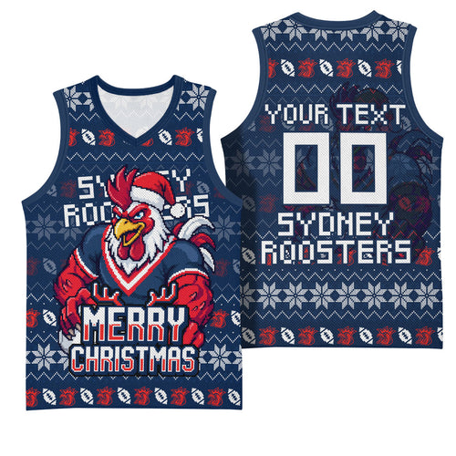 Personalized Sydney Roosters Christmas Basketball Jersey Australian Rugby Fans - Pixelated Ugly Xmas Pattern Mascot Santa
