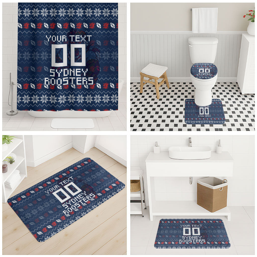 Personalized Sydney Roosters Christmas Bathroom Set Australian Rugby Fans - Pixelated Ugly Xmas Pattern Mascot Santa