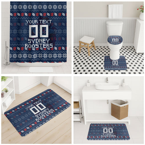 Personalized Sydney Roosters Christmas Bathroom Set Australian Rugby Fans - Pixelated Ugly Xmas Pattern Mascot Santa