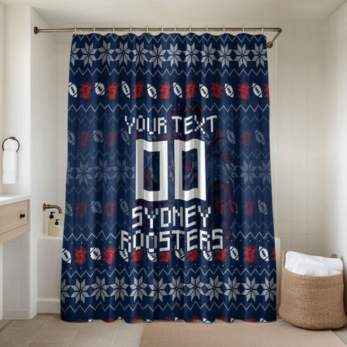 Personalized Sydney Roosters Christmas Bathroom Set Australian Rugby Fans - Pixelated Ugly Xmas Pattern Mascot Santa